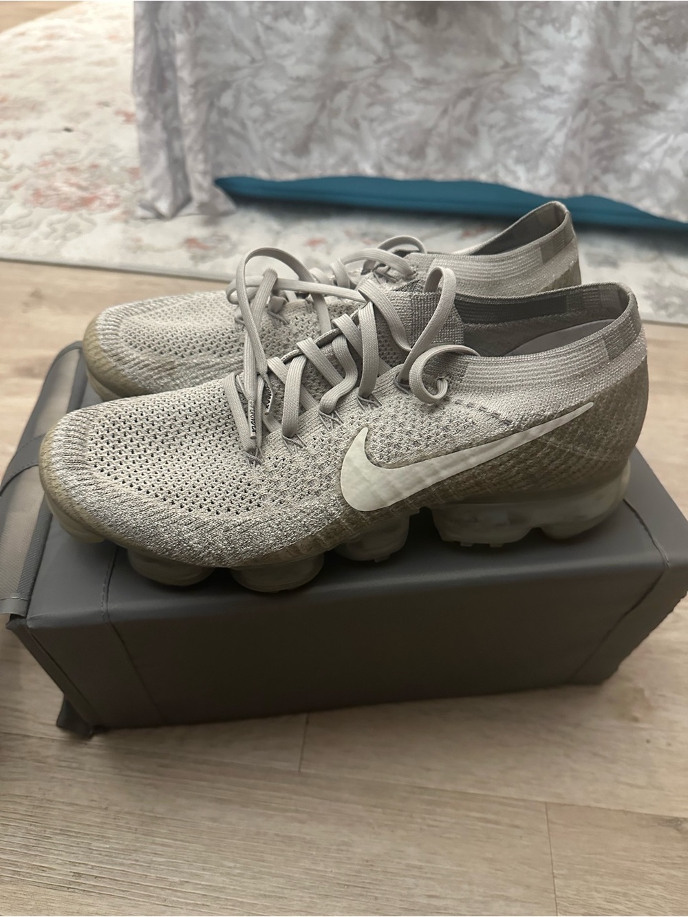 Nike men’s Vapormax Flyknit Sneakers in Light Grey